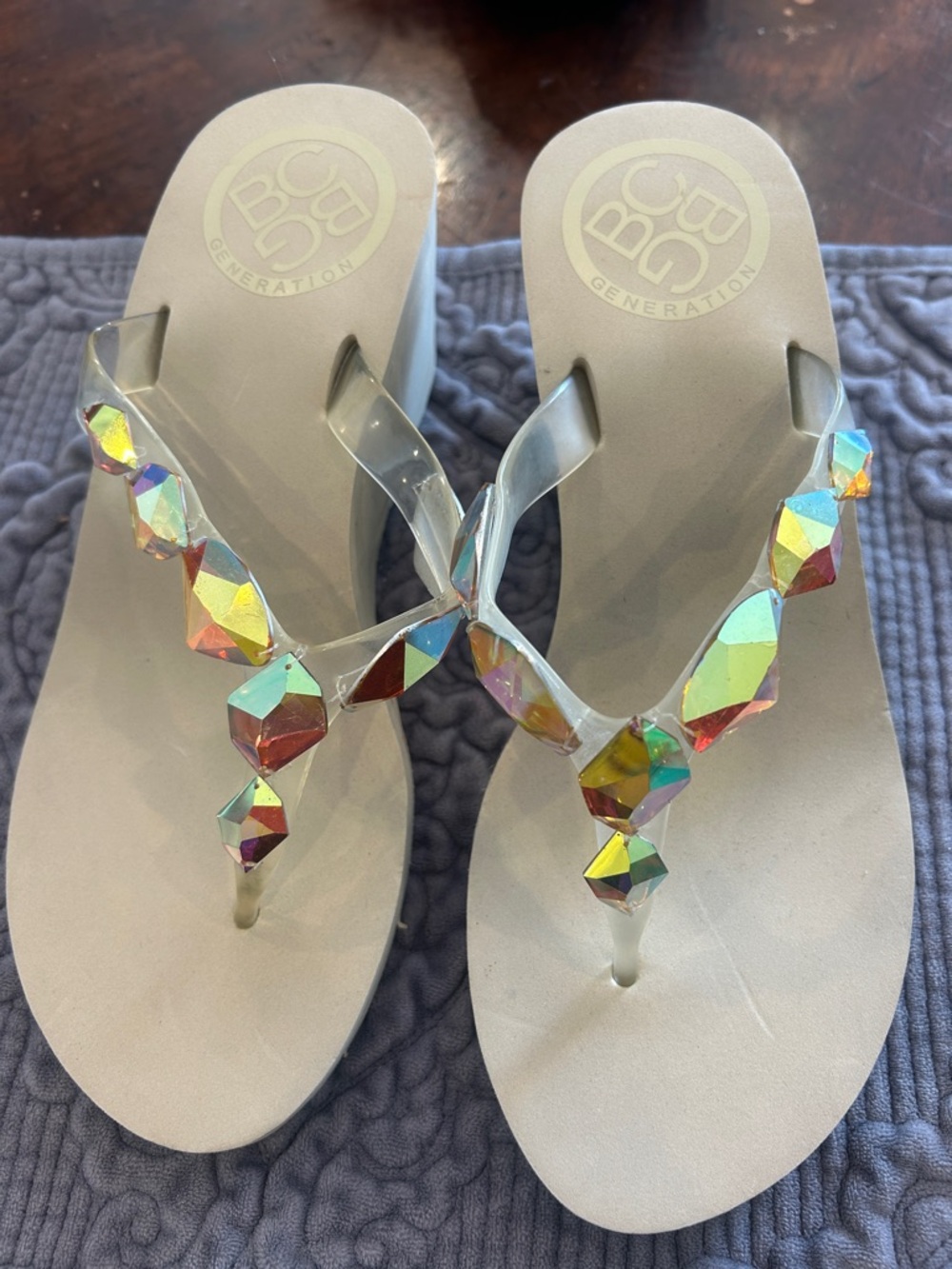 BCBG Wedge Flip Flops with Iridescent Gem Accents-sz 9- NWT